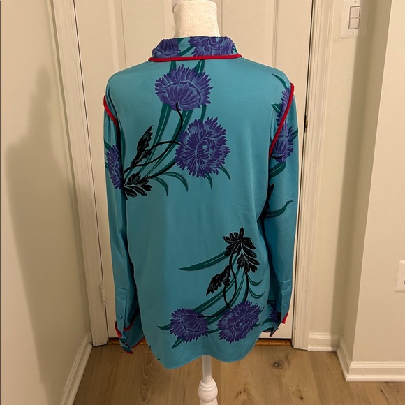 Diane Von Furstenberg Contrasting Piping Floral Silk Shirt Farren Marine Size 8 - Picture 9 of 14